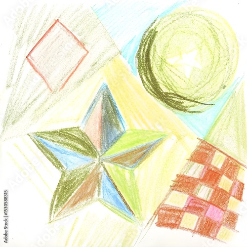 Colorful Childlike Crayon Drawing Featuring Star, Geometric Shapes, and Checkerboard Pattern