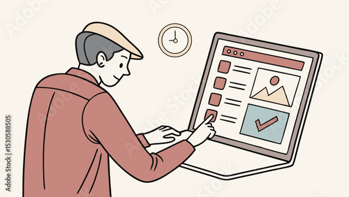Man interacting with a laptop showing a checklist and a picture with a clock on the wall behind him