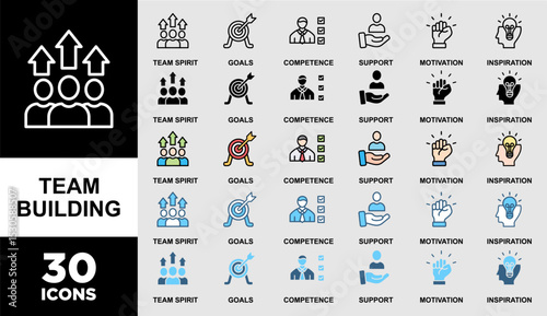 TEAM BUILDING icon set with various styles and colors of Team building building banner web icon vector illustration concept with icon of team spirit, inspiration, goals, competence, support, and motiv
