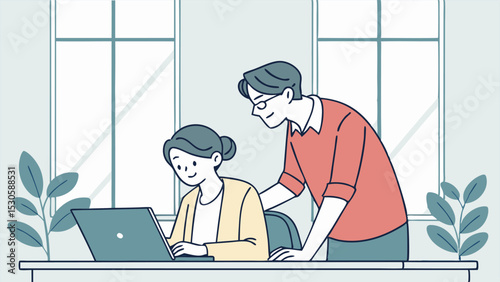 Woman working on laptop with man standing behind her in office setting near a window and plant pot
