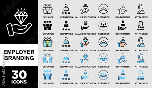 EMPLOYER BRANDING icon set with various styles and colors of Employer branding banner web icon vector illustration concept with an icon of pay raise, reputation, value proposition, retention, recruitm