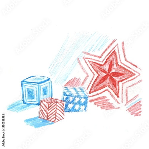 Colorful Crayon Drawing of Blocks and Star; Childlike Art Style