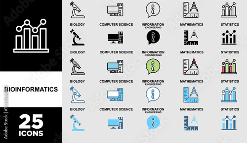 BIOINFORMATICS icon set with various styles and colors of Bioinformatics banner web icon vector illustration concept with icon of biology, computer science, information engineering, mathematics and st
