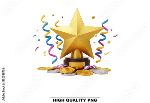 Golden Star Award: A radiant gold star award shines as a symbol of outstanding achievement, surrounded by celebratory ribbons and gleaming coins, embodying triumph and recognition.
