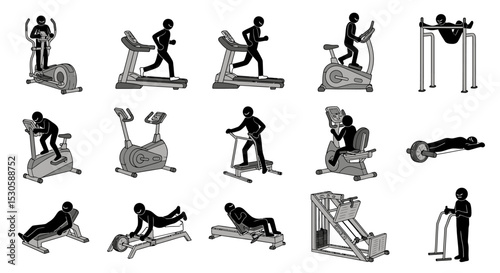 Illustrated Fitness Equipment and Stick Figures Demonstrating Exercise Routines.
