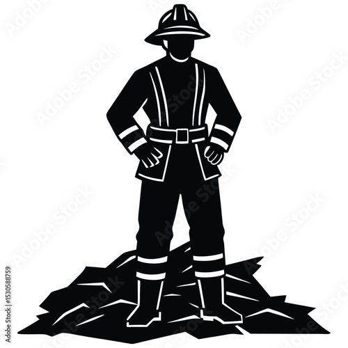 Firefighter Silhouette Standing On Debris Ready To Assist With Emergency Vector