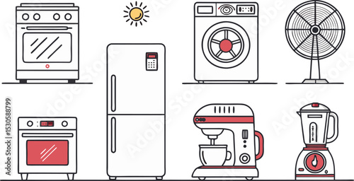 Home appliance icon set clean line style vector illustrations of fridge, microwave, washing machine, vacuum cleaner, fan, blender, and coffee maker, designed with a modern and minimal aesthetic.