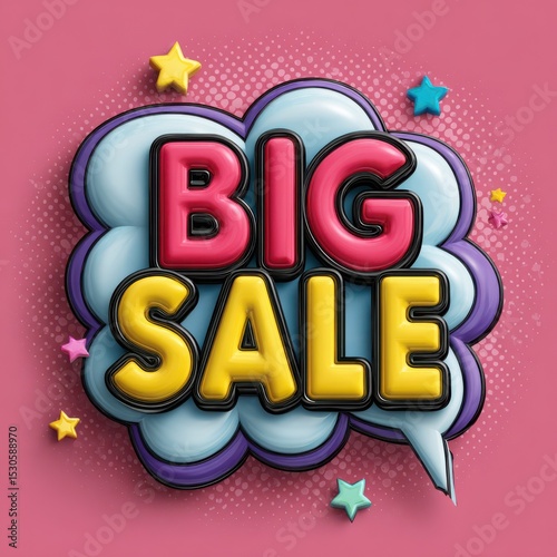 Big sale announcement in a colorful comic book style speech bubble