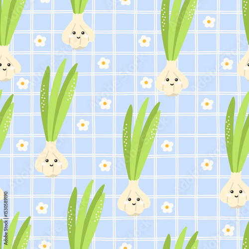 Kawaii garlic characters in vector seamless pattern. Great for farm food themes, vegan illustrations, and playful packaging