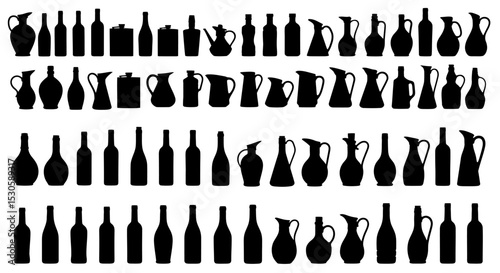 Diverse Silhouettes of Bottles and Pitchers in a Row Arrangement.