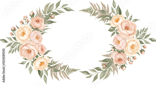 Elegant Watercolor Floral Frame Peach and Cream Roses with Greenery