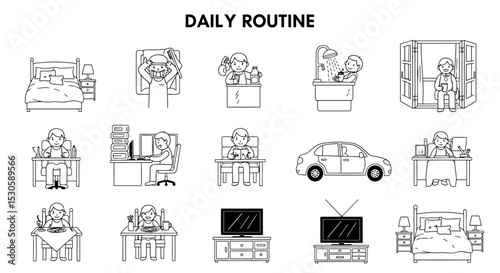 Illustrated Daily Routine: Simple Actions Depicted in Black and White Outlines