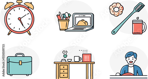 Daily routine icon set clean vector illustrations including an alarm clock, toothbrush, breakfast plate, commute symbol, lunchbox, work desk, and nighttime sleep icon, designed in a simple.