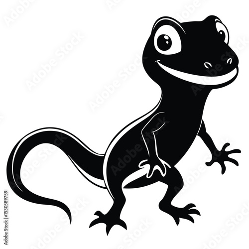 Isolated cheerful salamander stands, presenting a playful, friendly smile in a monochrome silhouette