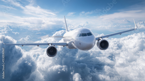 A commercial airplane flies high in the sky, navigating through a sea of fluffy clouds on a clear day, showcasing freedom and adventure