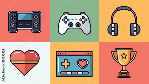 Gaming icon pack playful flat vector illustrations featuring a joystick, console, headset, gamepad, trophy, pixel heart, and loading bar. Great for digital design, gamer profiles, or e-sports content.