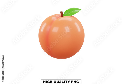 Ripe Peach: A single, juicy peach with a vibrant orange hue and a single green leaf sits on a white background. 
