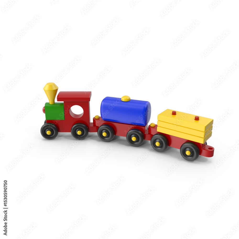 Fototapeta premium Colorful Toy Train Locomotive and Wagons Isolated on Transparent Background