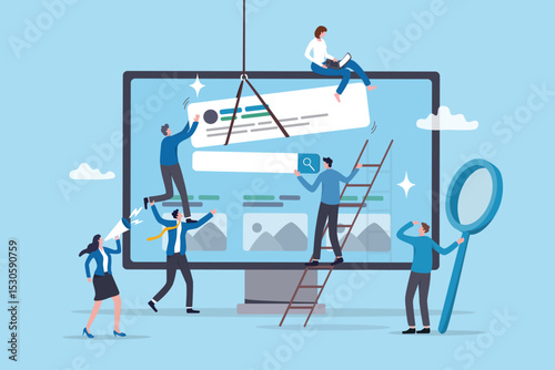Teamwork develop website, building software or application project, team planning or website optimization, digital collaboration concept, business people team help build website on computer monitor.