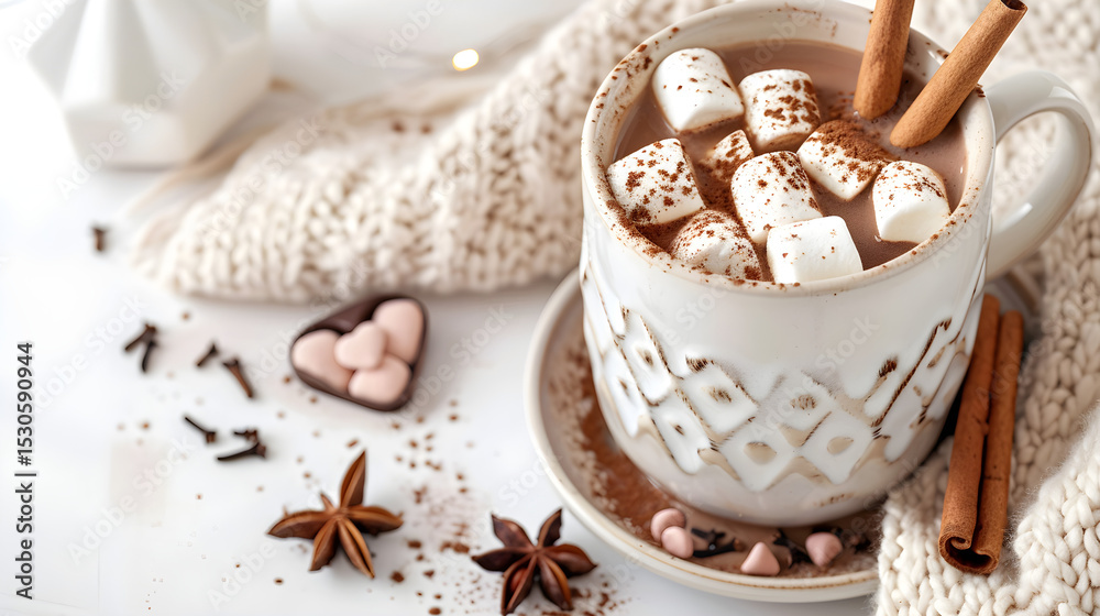 Fototapeta premium A mug of hot chocolate with marshmallows and cinnamon sticks on a white surface with star anise