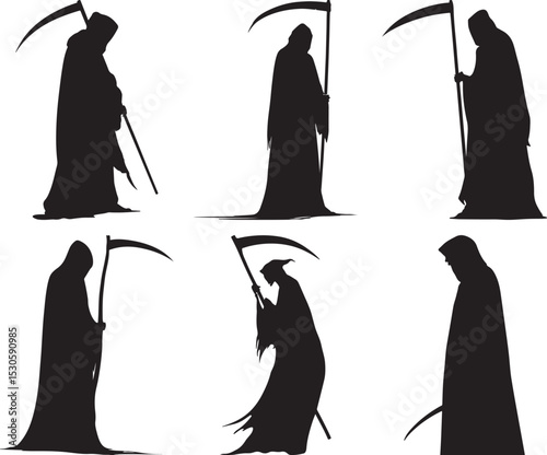 Grim Reaper Silhouette Set Featuring Six Hooded Figures with Scythes in Varied Stances in Black Vector Design