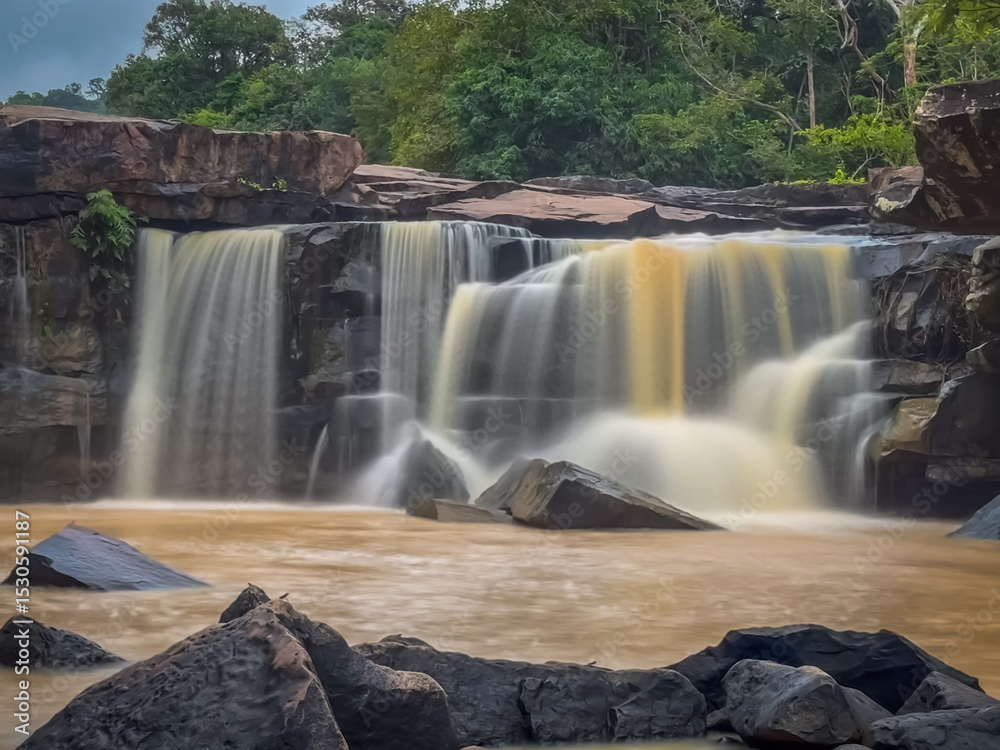Obraz premium Tat Ton Waterfall in Chaiyaphum, Thailand, flows powerfully with orange-brown water after heavy rain, creating a dramatic and scenic natural landscape amid lush forest.