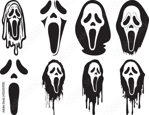 Ghostface Silhouette Set Featuring Eight Stylized Variations of Iconic Horror Mask in Black Vector Design