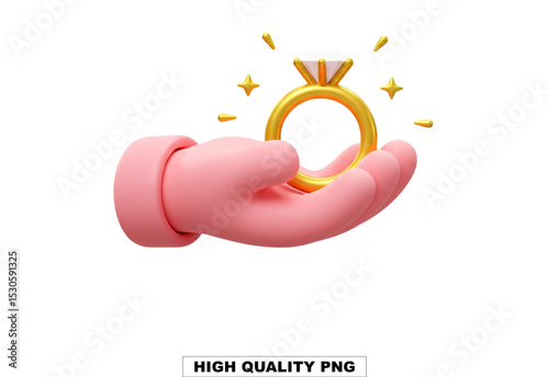Pink Hand Holding Diamond Ring: A charming 3D rendered pink hand gently cradles a sparkling golden ring adorned with a brilliant diamond, radiating love and luxury.
