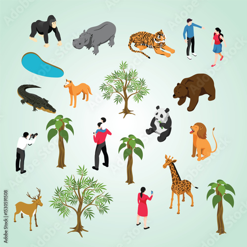 Zoo isometric flowchart with animals near trees and pool and visitors on olive