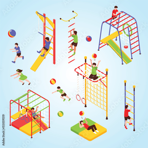 Kids Sports Playground Background match action character preschool rope hobby running recreation equipment set isometric illustration climbing jumping