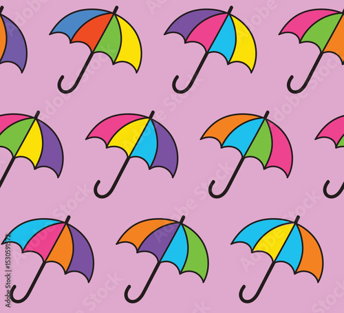Umbrella illustration, colorful, seamless pattern, suitable for fashion design, decoration, fabric, wallpaper and printing on pink background.