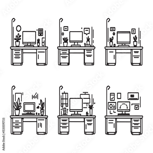 minimalist cubicle workstation office setup line drawing vector