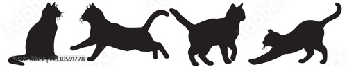 Dancing Shadows: Captivating row of black cat silhouettes in motion. These vector illustrations on white, offering designers a versatile visual asset for various projects.
