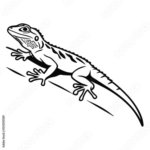 Line art lizard crawls diagonally along a limb, showcasing its spotted skin and clawed feet