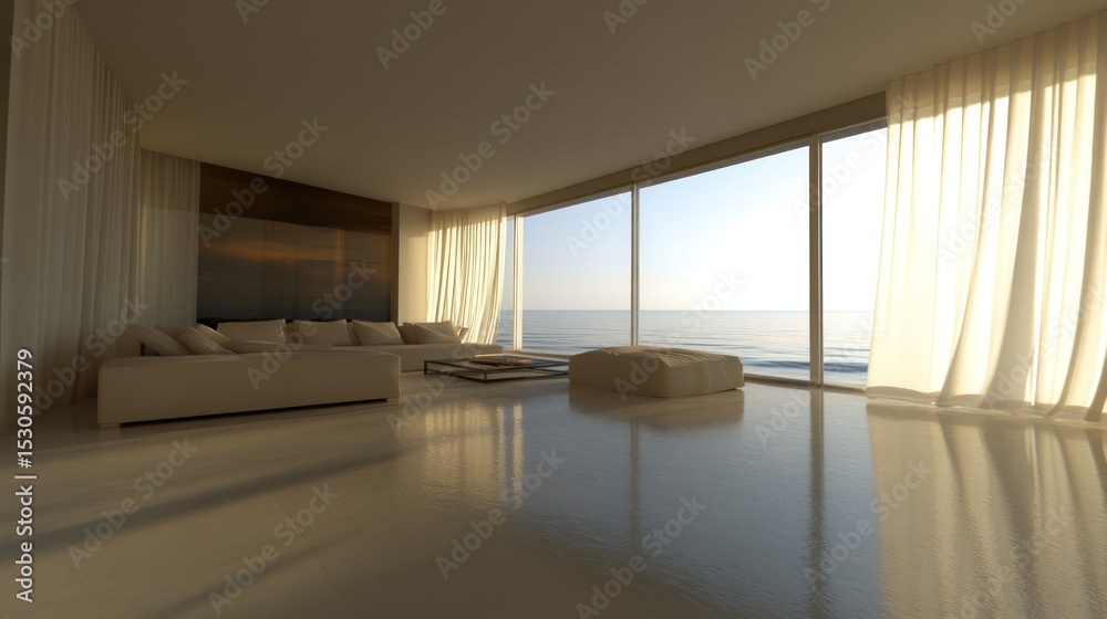 Obraz premium Modern living room with panoramic ocean views.