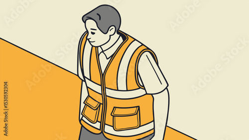 Illustration of a man wearing a safety vest looking down in a stylized cartoon drawing with neutral colors