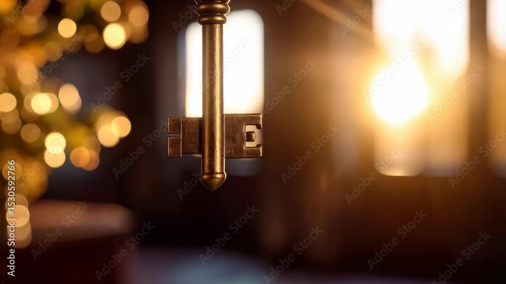Vintage golden key hangs, blurred lights glimmer in background, festive atmosphere, antique design, and symbolic object for a new beginning