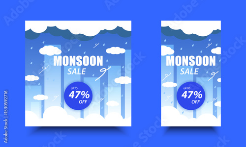 Monsoon Sale social media template, seasonal promo. Design of drizzle illustrations and wind