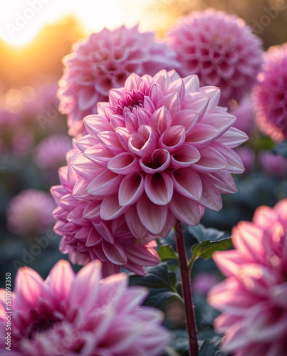 High resolution macro of pink dahlia bloom glowing gently under afternoon golden garden sunlight aesthetic floral photography for wallpaper background