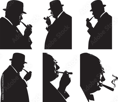  Smoking Silhouette Set Featuring Six Male Profiles in Hats with Cigars and Pipes in Black Vector Design