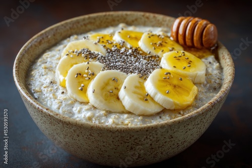 A healthy breakfast bowl of oatmeal with banana slices, chia seeds, and honey, creating a visually appealing and nutritious meal to start the day on a positive note.