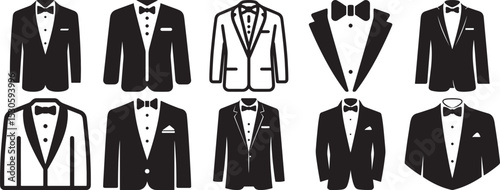  Tuxedo Silhouette Collection Featuring Ten Distinct Formalwear Styles with Bow Tie and Lapel Variations in Black Vector Design