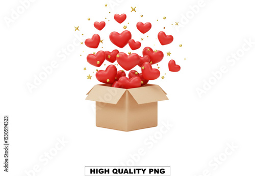 Love's Delivery: A cardboard box overflows with vibrant, red hearts, symbolizing a burst of love and affection, surrounded by golden sparkles, an ode to happiness.