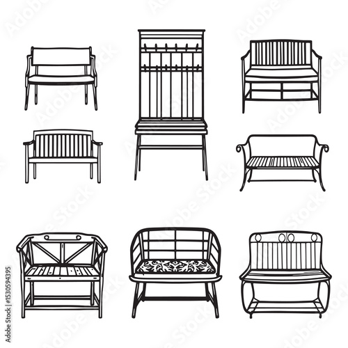 Minimalist entryway bench vector line drawing design