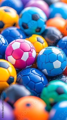 Colorful mini soccer balls piled high, outdoor background