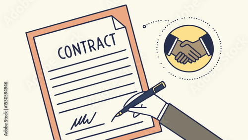 Contract signing illustration with document, pen, hand, and handshake symbol representing agreement process
