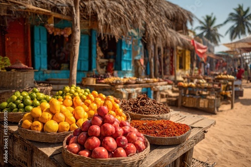 A vibrant marketplace display of fresh fruits and spices in a traditional setting, showcasing local produce and cultural charm with a touch of exoticism.