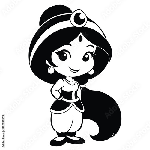 Monochrome cartoon princess with hands on her waist exudes charm and grace