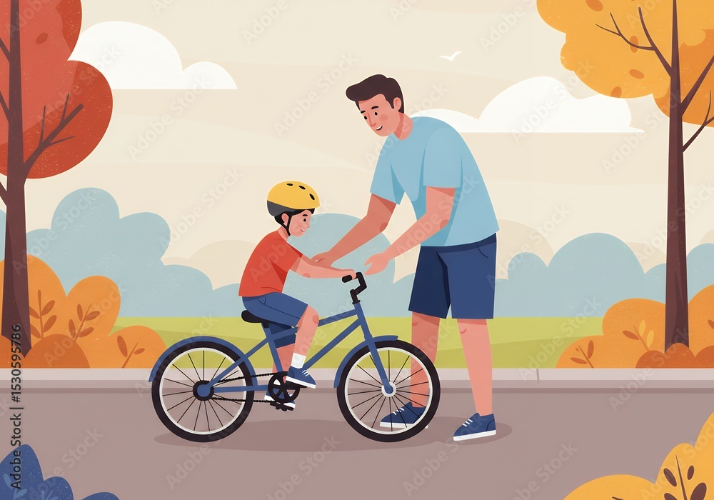 Naklejka premium Boy Riding Bicycle with Father Assisting