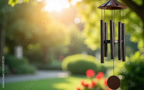 A gentle breeze orchestrates the calming rhythm of wind chimes in a peaceful garden. High quality
